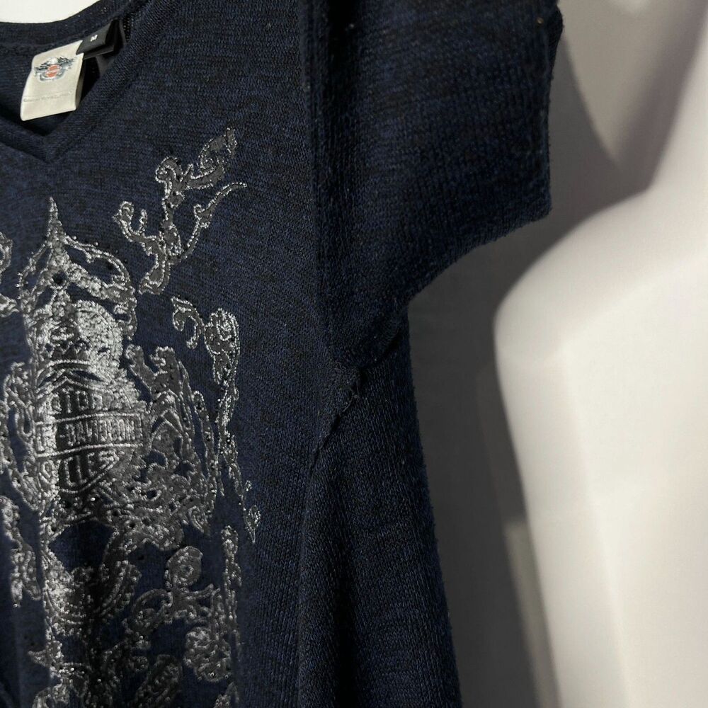 Harley Davidson Long Sleeve Top Lace Flowy Navy Blue Gems Women's M - Picture 6 of 10